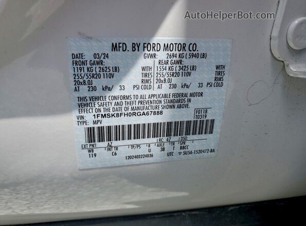 1FMSK8FH0RGA67888 2024 FORD EXPLORER White Вид наклейки з VIN-кодом