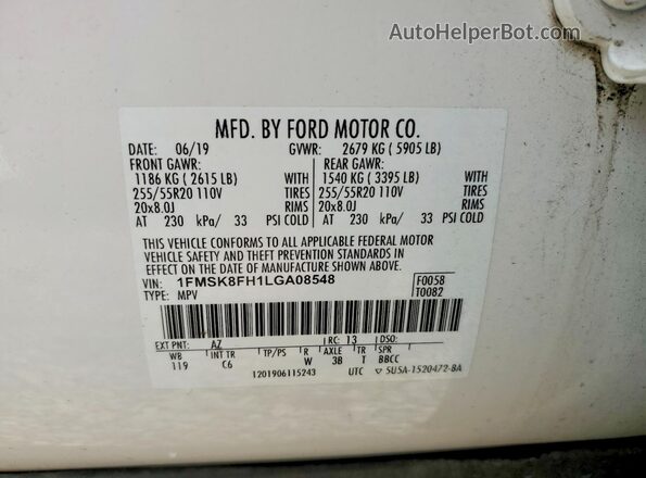 1FMSK8FH1LGA08548 2020 FORD EXPLORER White VIN კოდის სტიკერის ხედი