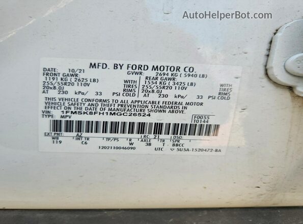 1FMSK8FH1MGC26524 2021 FORD EXPLORER White VIN կոդի պիտակի տեսք