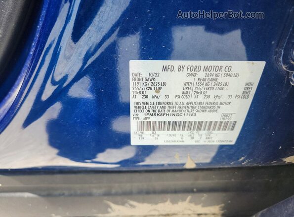 1FMSK8FH1NGC11183 2022 FORD EXPLORER Blue Vista de la etiqueta del VIN