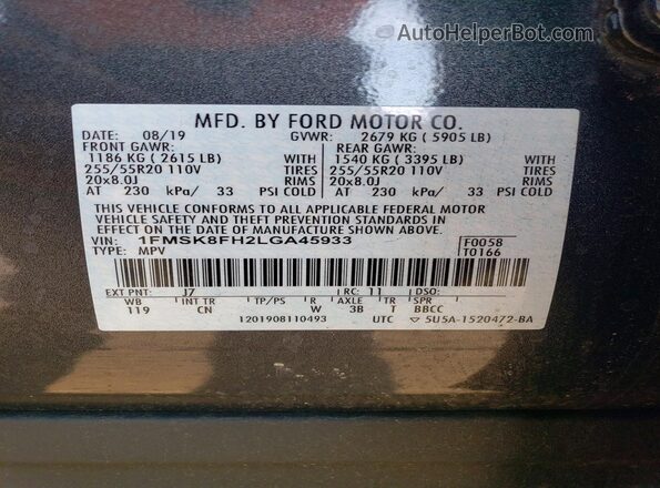 1FMSK8FH2LGA45933 2020 FORD EXPLORER Charcoal 360 interior view
