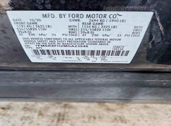 1FMSK8FH2MGA23948 2021 FORD EXPLORER Black Widok naklejki z numerem VIN