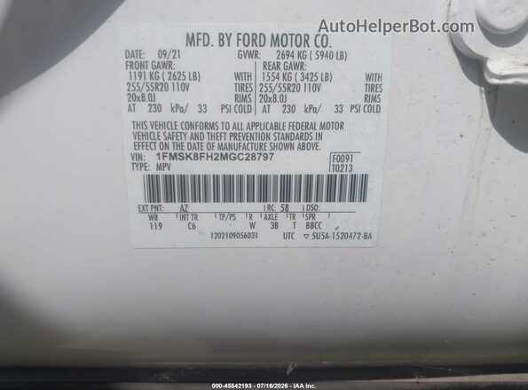 1FMSK8FH2MGC28797 2021 FORD EXPLORER White ძრავის განყოფილების ხედი