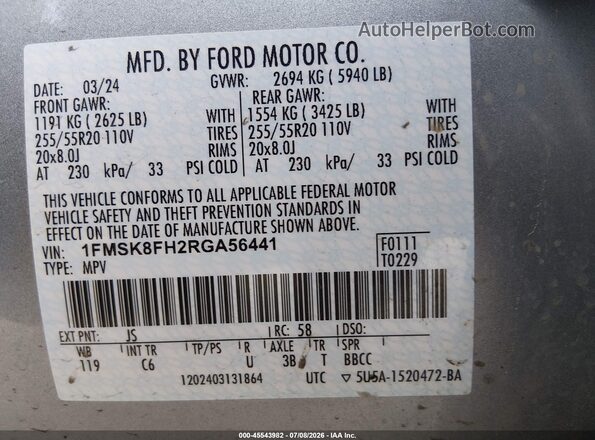 1FMSK8FH2RGA56441 2024 FORD EXPLORER Silver Vista del compartimento del motor