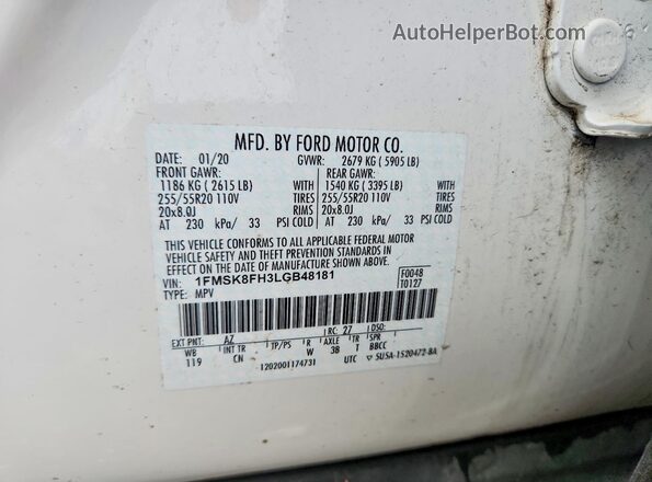 1FMSK8FH3LGB48181 2020 FORD EXPLORER White Vista de la etiqueta del VIN