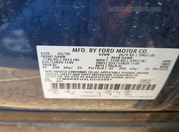 1FMSK8FH3LGC03597 2020 FORD EXPLORER Blue Widok naklejki z numerem VIN