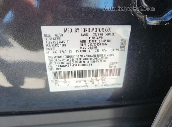 1FMSK8FH3LGC04331 2020 FORD EXPLORER Gray Widok naklejki z numerem VIN