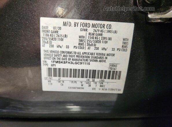1FMSK8FH3LGC91115 2020 FORD EXPLORER Charcoal Widok wnętrza 360 stopni