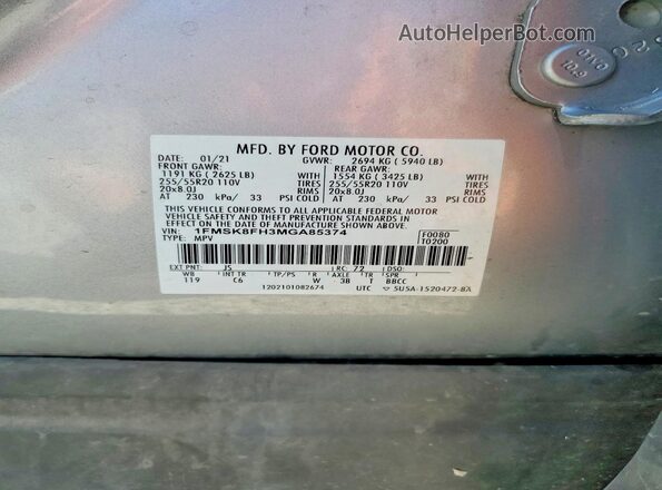 1FMSK8FH3MGA85374 2021 FORD EXPLORER Серебряный Вид наклейки с VIN-кодом