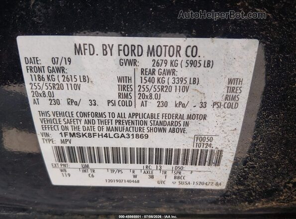1FMSK8FH4LGA31869 2020 FORD EXPLORER Black ძრავის განყოფილების ხედი