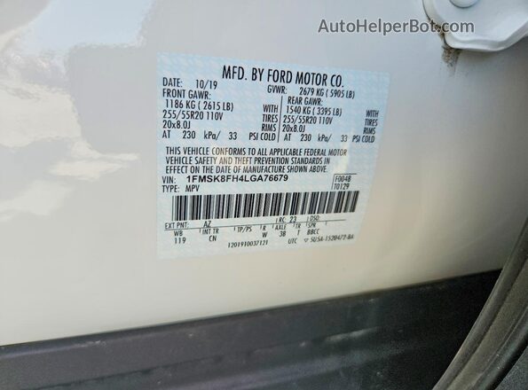 1FMSK8FH4LGA76679 2020 FORD EXPLORER White Vista de la etiqueta del VIN