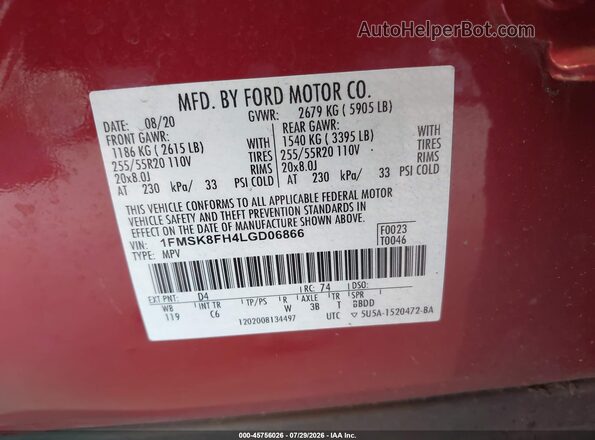 1FMSK8FH4LGD06866 2020 FORD EXPLORER Красный Вид подкапотного пространства