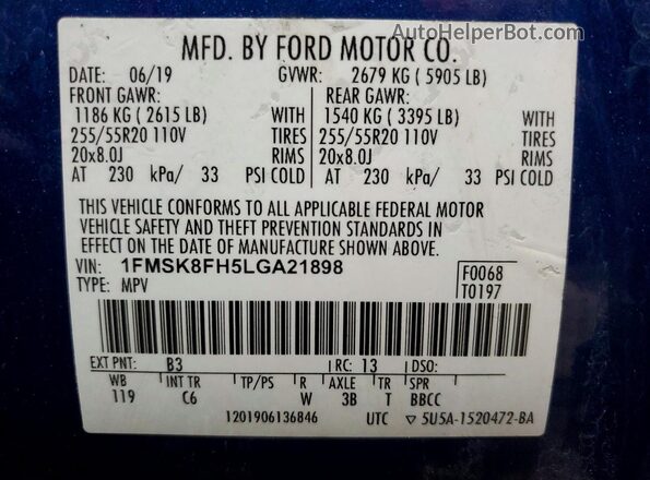 1FMSK8FH5LGA21898 2020 FORD EXPLORER Blue 360 interior view