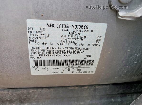 1FMSK8FH5NGC37320 2022 FORD EXPLORER Silver Widok wnętrza 360 stopni
