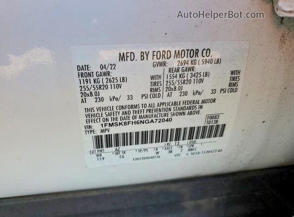 1FMSK8FH6NGA72040 2022 FORD EXPLORER White VIN կոդի պիտակի տեսք