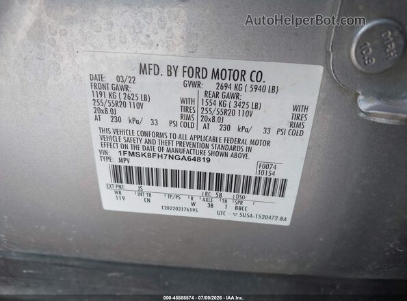 1FMSK8FH7NGA64819 2022 FORD EXPLORER Silver Engine compartment view