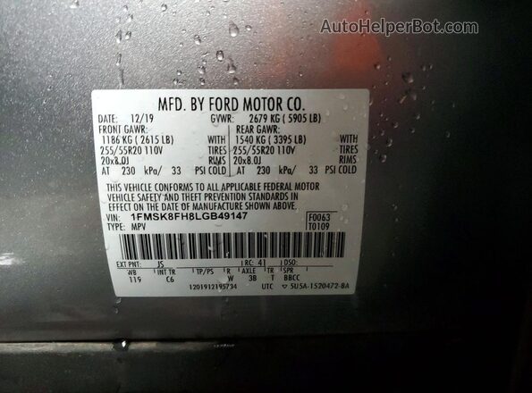 1FMSK8FH8LGB49147 2020 FORD EXPLORER Серебряный Панорамный вид салона 360°
