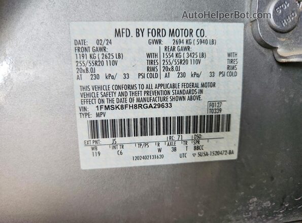 1FMSK8FH8RGA29633 2024 FORD EXPLORER Silver Widok naklejki z numerem VIN