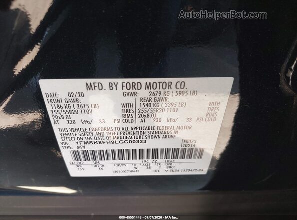 1FMSK8FH9LGC00333 2020 FORD EXPLORER Black Շարժիչի բաժամունքի տեսք