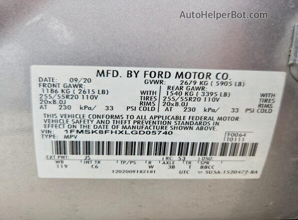 1FMSK8FHXLGD05740 2020 FORD EXPLORER Silver 360 interior view