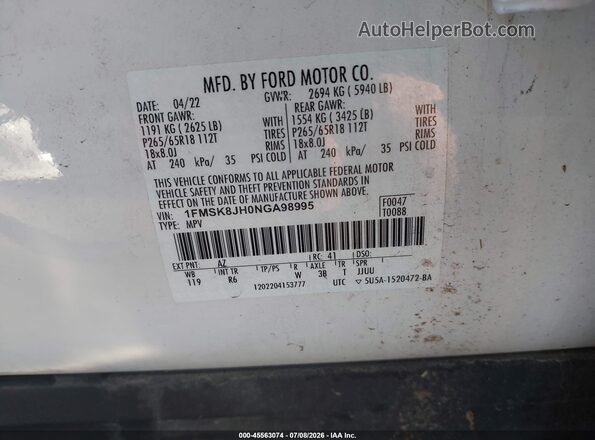 1FMSK8JH0NGA98995 2022 FORD EXPLORER White Engine compartment view