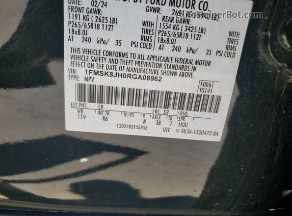 1FMSK8JH0RGA08962 2024 FORD EXPLORER Green VIN კოდის სტიკერის ხედი