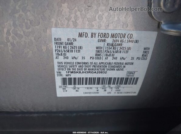 1FMSK8JH3RGA20832 2024 FORD EXPLORER Silver Vista del compartimento del motor