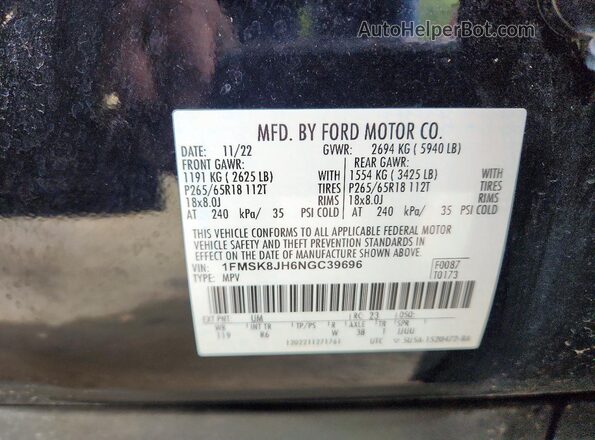 1FMSK8JH6NGC39696 2022 FORD EXPLORER Black Widok naklejki z numerem VIN