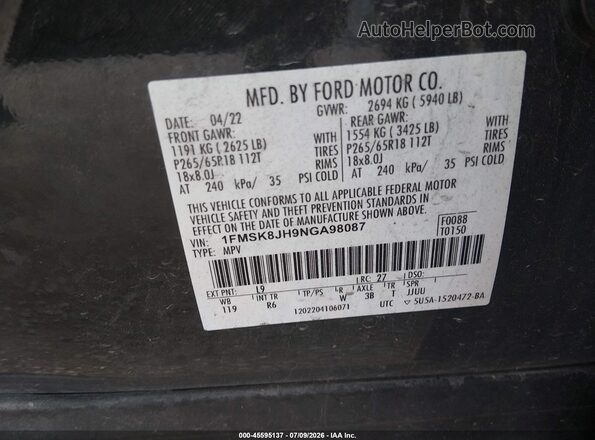 1FMSK8JH9NGA98087 2022 FORD EXPLORER Серый Вид подкапотного пространства
