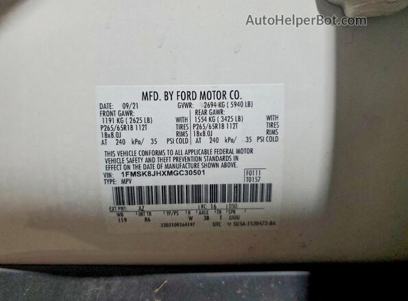 1FMSK8JHXMGC30501 2021 FORD EXPLORER White Вид наклейки з VIN-кодом
