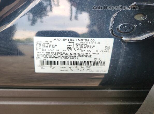 1FMSK8KH9RGA85702 2024 FORD EXPLORER Gray Widok wnętrza 360 stopni