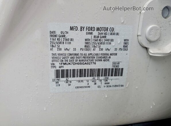 1FMUK7DH0SGA02776 2025 FORD EXPLORER White VIN կոդի պիտակի տեսք