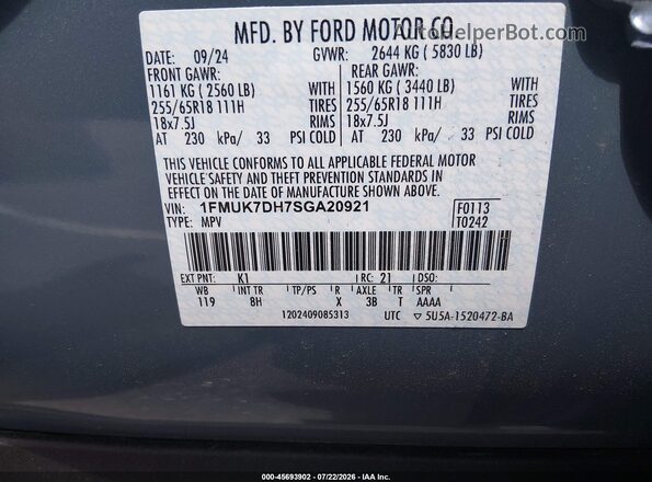 1FMUK7DH7SGA20921 2025 FORD EXPLORER Gray Widok komory silnika