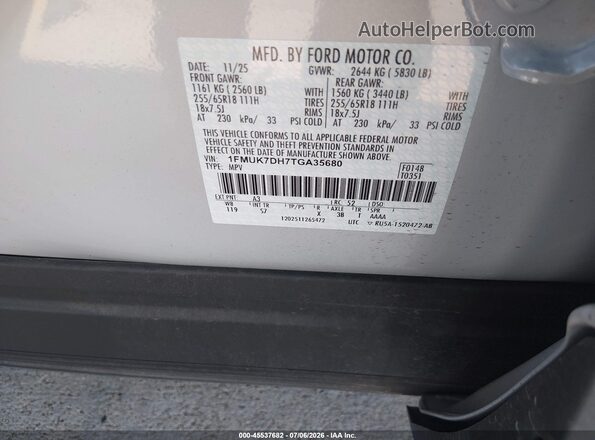 1FMUK7DH7TGA35680 2026 FORD EXPLORER White Vista del compartimento del motor