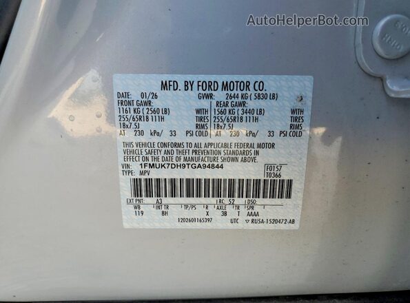 1FMUK7DH9TGA94844 2026 FORD EXPLORER White Vista de la etiqueta del VIN