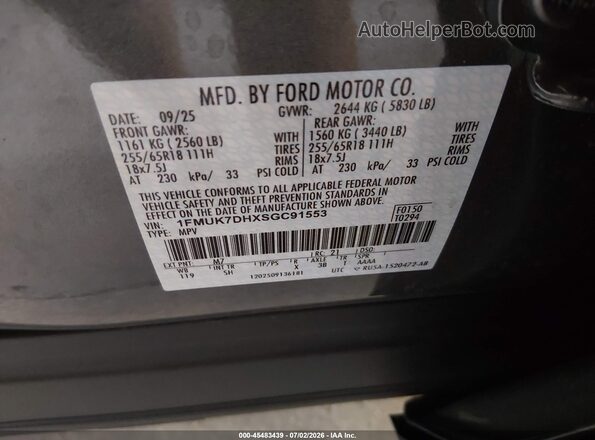 1FMUK7DHXSGC91553 2025 FORD EXPLORER Gray Widok komory silnika