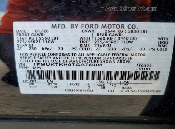 1FMUK7KH0TGA76008 2026 FORD EXPLORER Black VIN კოდის სტიკერის ხედი
