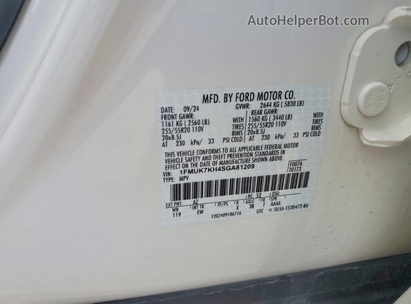 1FMUK7KH4SGA81209 2025 FORD EXPLORER White VIN կոդի պիտակի տեսք