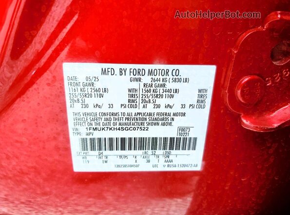 1FMUK7KH4SGC07522 2025 FORD EXPLORER Burgundy VIN კოდის სტიკერის ხედი