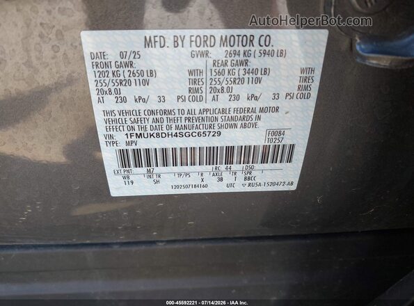 1FMUK8DH4SGC65729 2025 FORD EXPLORER Gray Engine compartment view