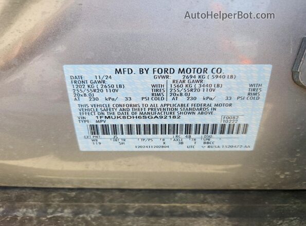 1FMUK8DH6SGA92182 2025 FORD EXPLORER Silver VIN კოდის სტიკერის ხედი