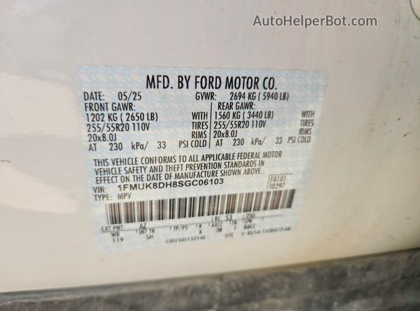 1FMUK8DH8SGC06103 2025 FORD EXPLORER White VIN sticker view