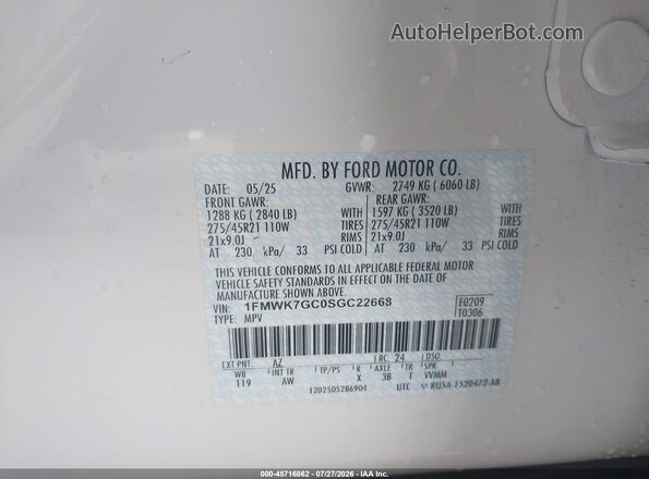 1FMWK7GC0SGC22668 2025 FORD EXPLORER Белый Вид подкапотного пространства