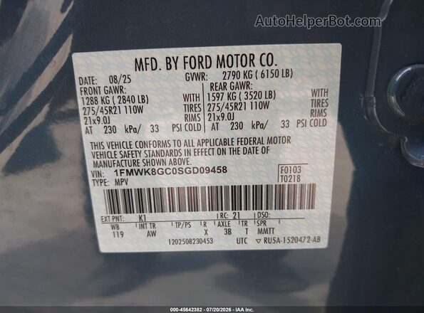 1FMWK8GC0SGD09458 2025 FORD EXPLORER Blue Vista del compartimento del motor