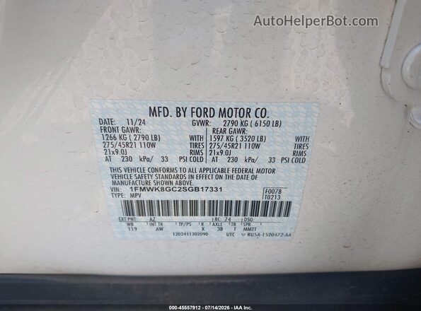 1FMWK8GC2SGB17331 2025 FORD EXPLORER White Вид підкапотного простору
