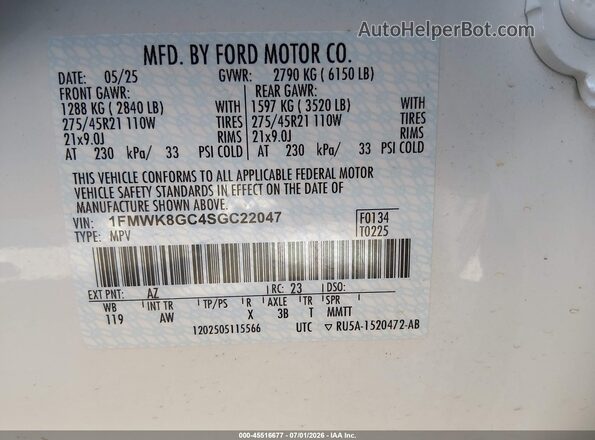 1FMWK8GC4SGC22047 2025 FORD EXPLORER White Widok komory silnika