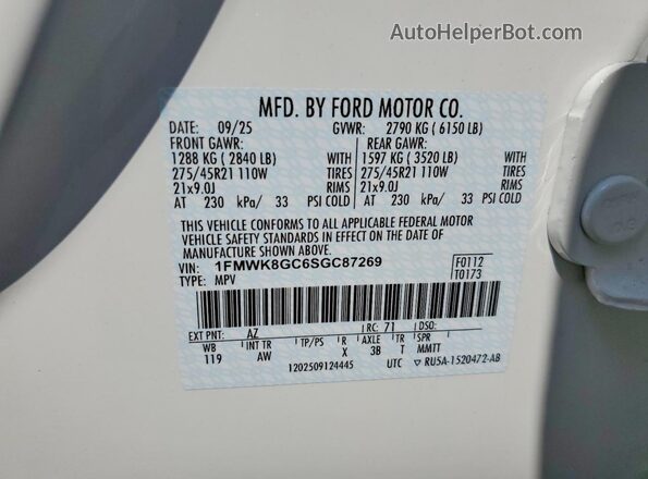 1FMWK8GC6SGC87269 2025 FORD EXPLORER White VIN կոդի պիտակի տեսք