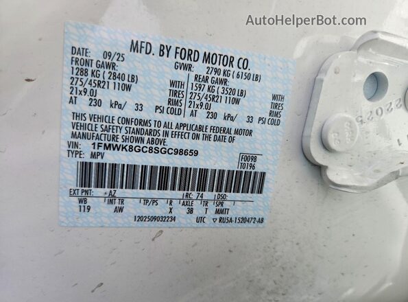 1FMWK8GC8SGC98659 2025 FORD EXPLORER White Widok naklejki z numerem VIN