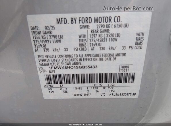 1FMWK8HC4SGB55433 2025 FORD EXPLORER Серебряный Вид подкапотного пространства