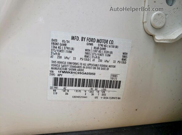 1FMWK8HC9SGA05950 2025 FORD EXPLORER White VIN sticker view